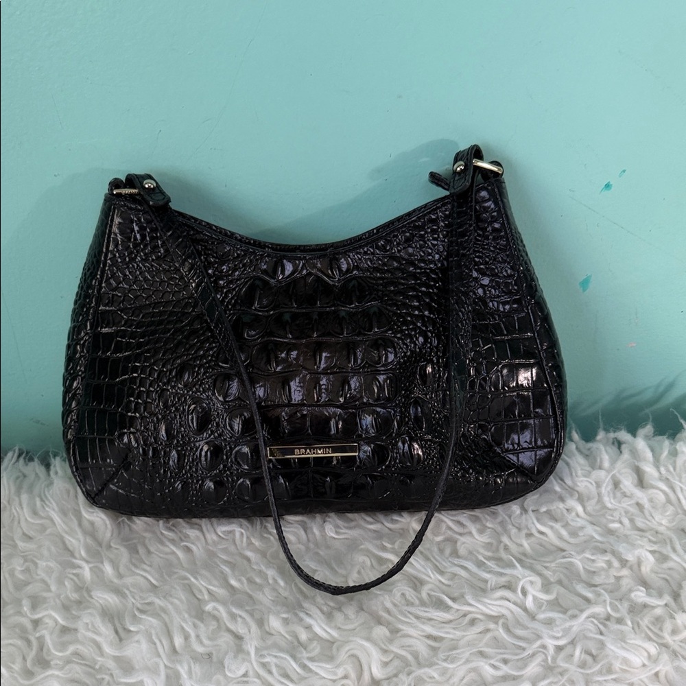 Brahmin Black Croc-Embossed Shoulder Bag with Gold Plaque